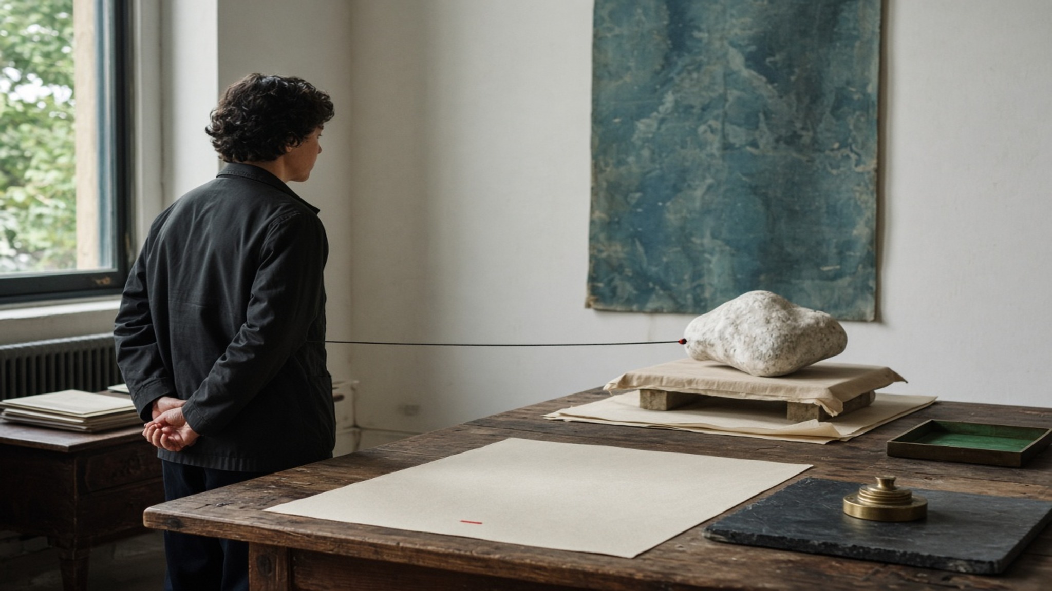 An adult waits with hands behind their back while a generic object rests on a support