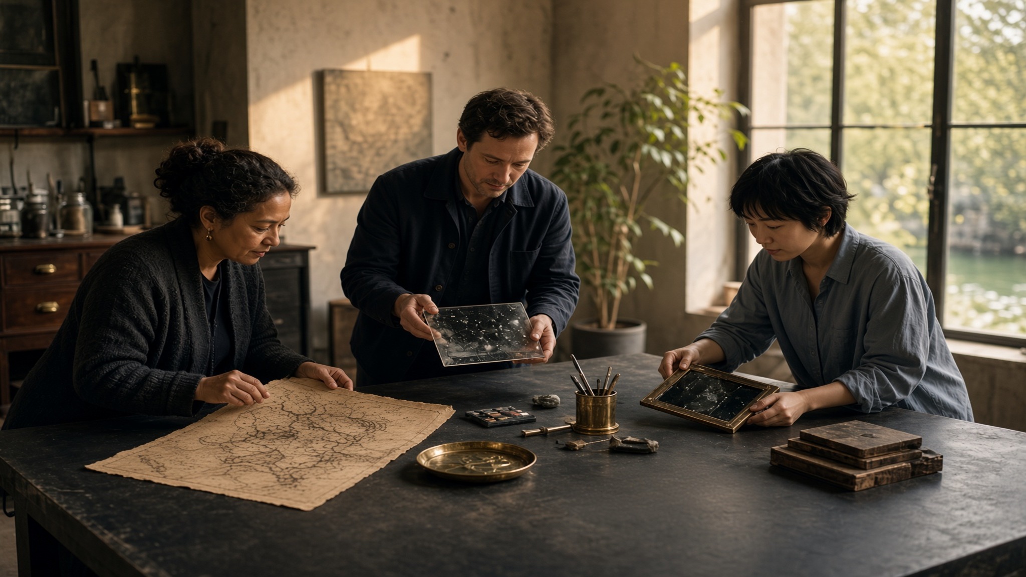 Three fictional adults reviewing generic evidence materials at a spacious proofing table