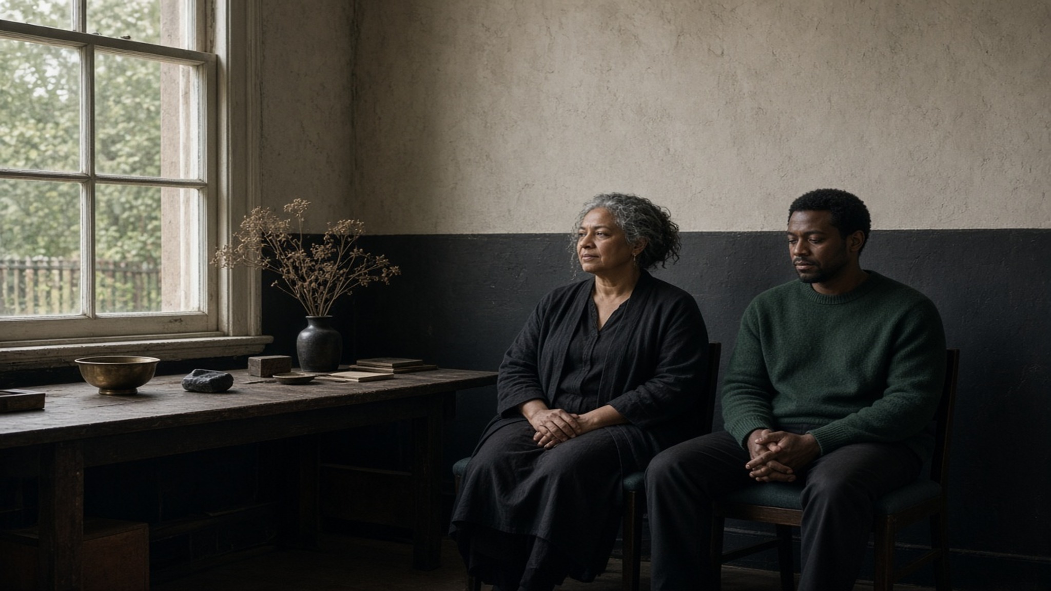 Two fictional adults seated in a quiet, respectful listening space