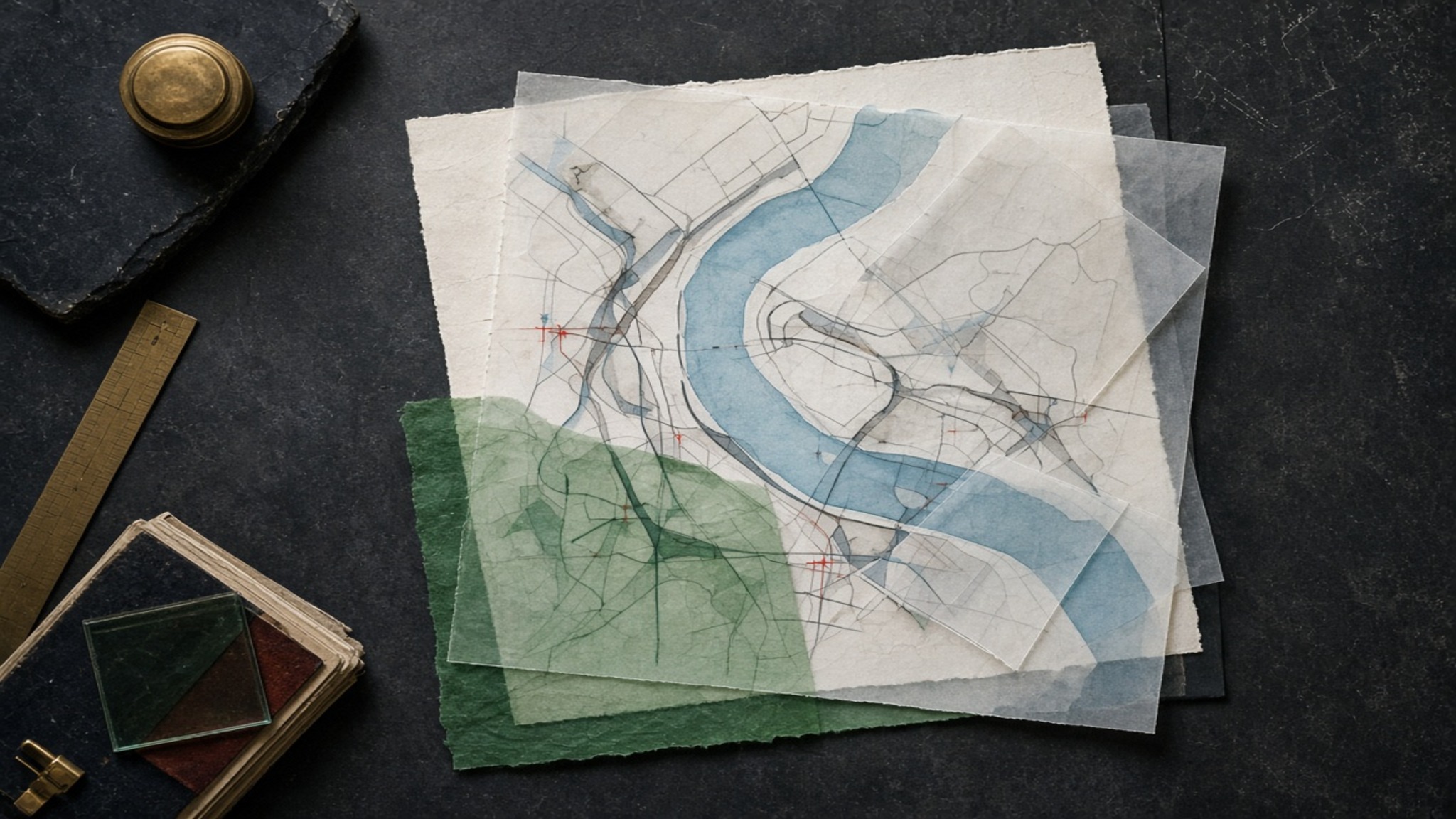 Fictional abstract map layers aligned on a dark archive workbench