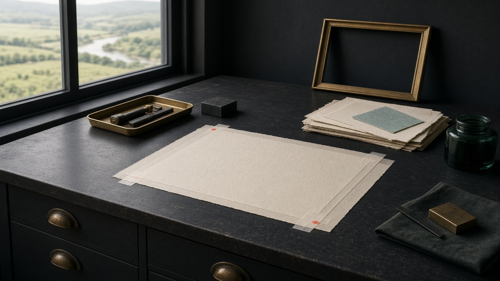 A quiet contemporary proofing table with blank paper, brass frame, and archive materials