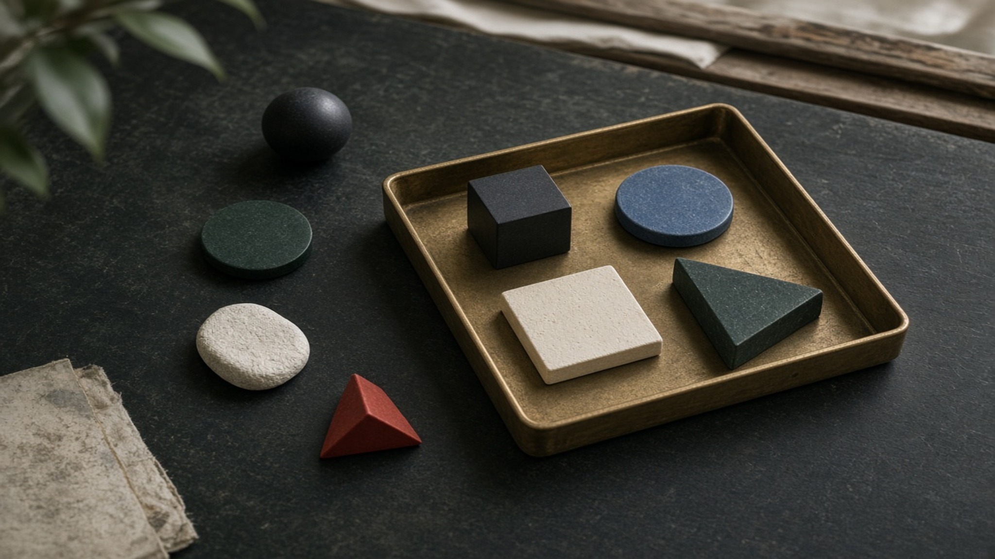 A brass tray containing abstract fixed question pieces