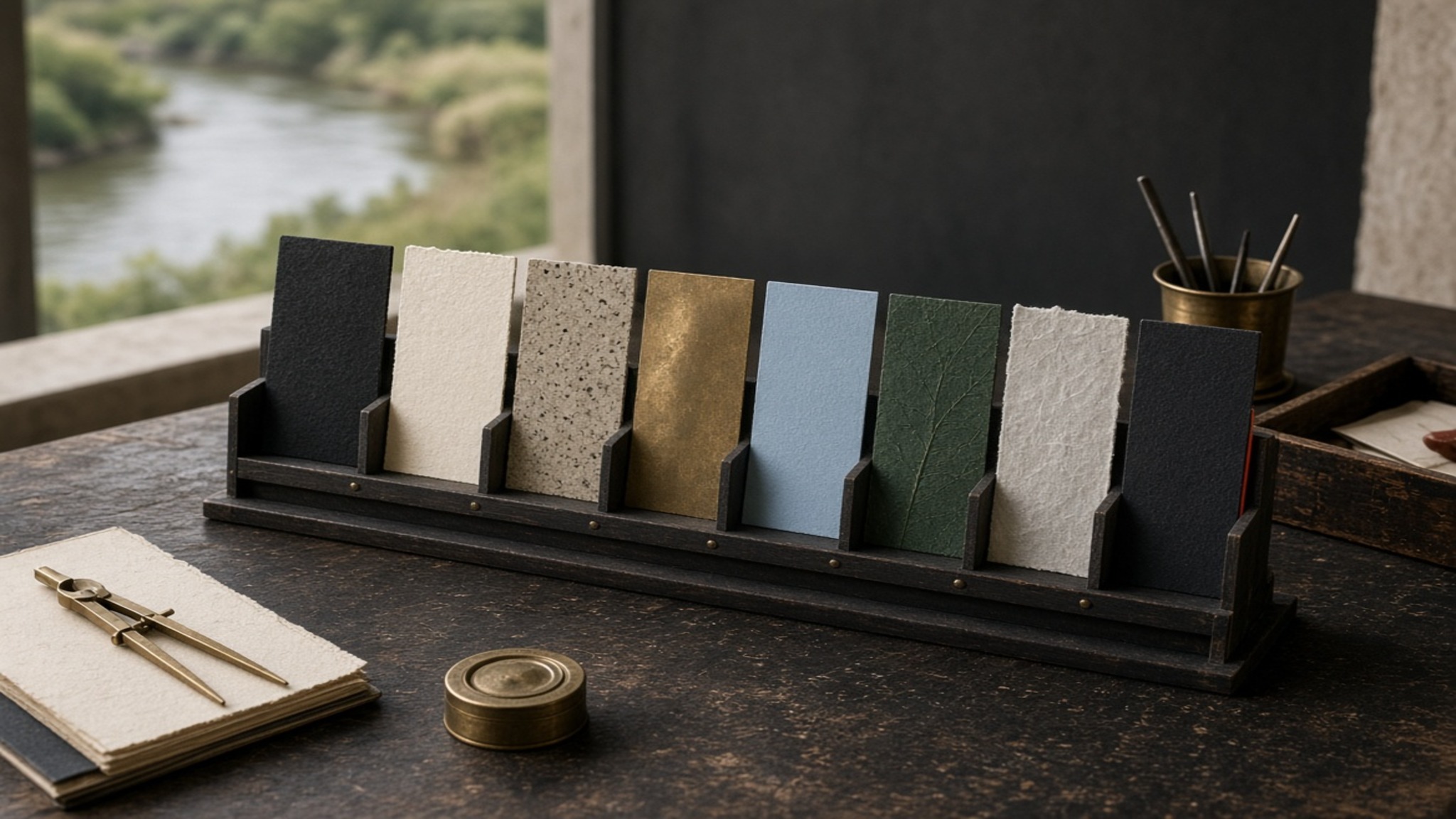 Blank source cards arranged in a letterpress-style desk rail